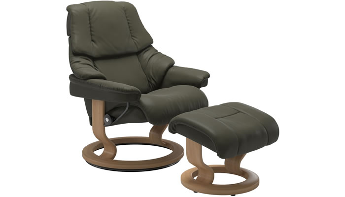 Stressless Reno with Classic Base and Stool in Paloma Dark Olive Leather